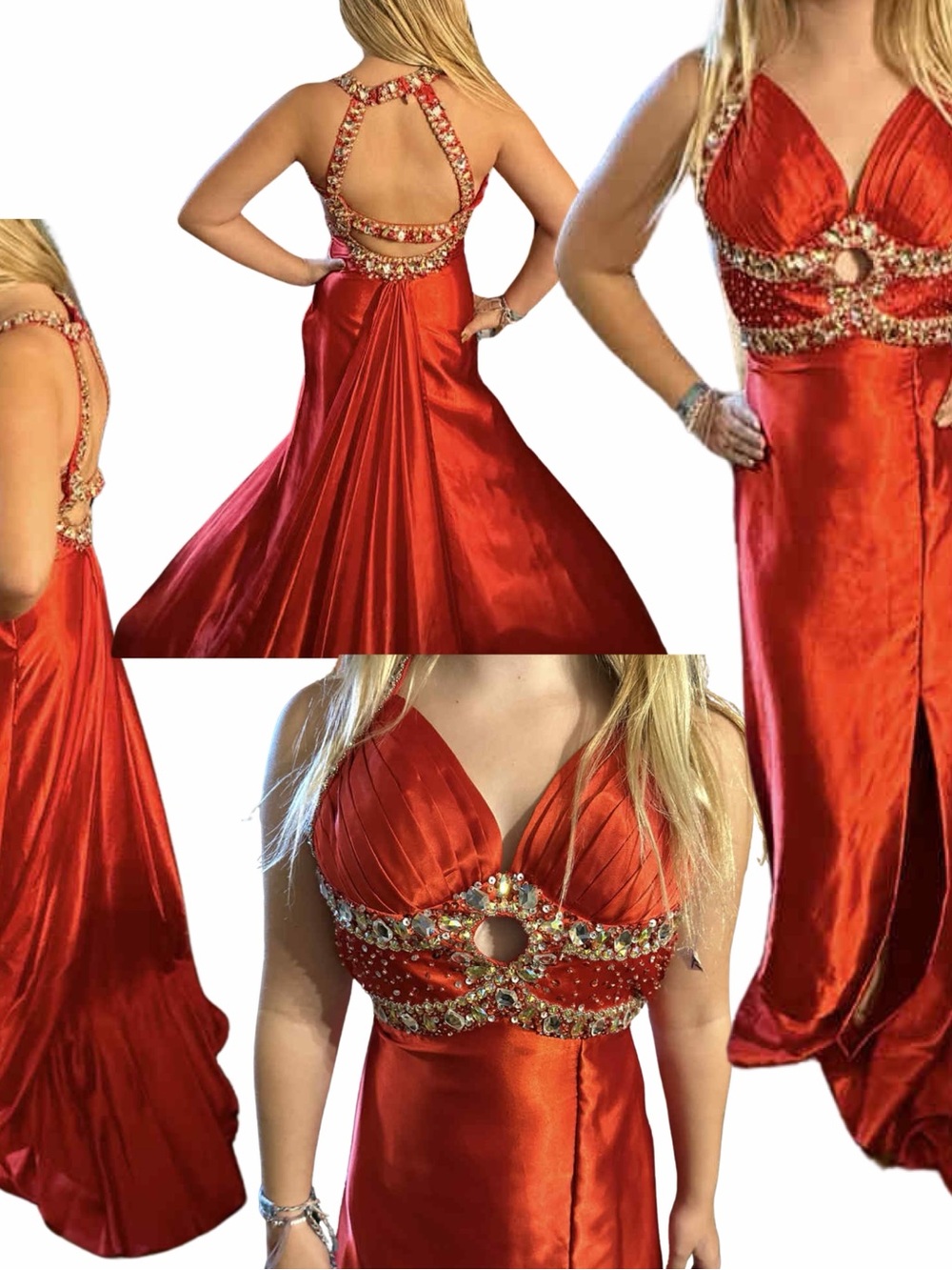 Red Embellished Backless Evening Gown by